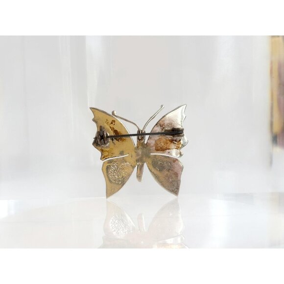 Butterfly Shaped Mexican Made Abalone Shell Inlay Vintage Sterling Silver Brooch - Picture 3 of 10